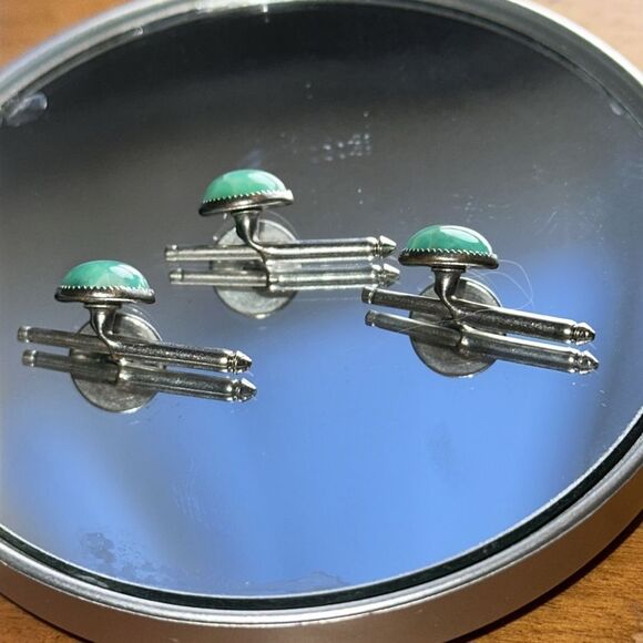 3 vintage silver tone with faux turquoise stone shirt studs - Picture 2 of 5